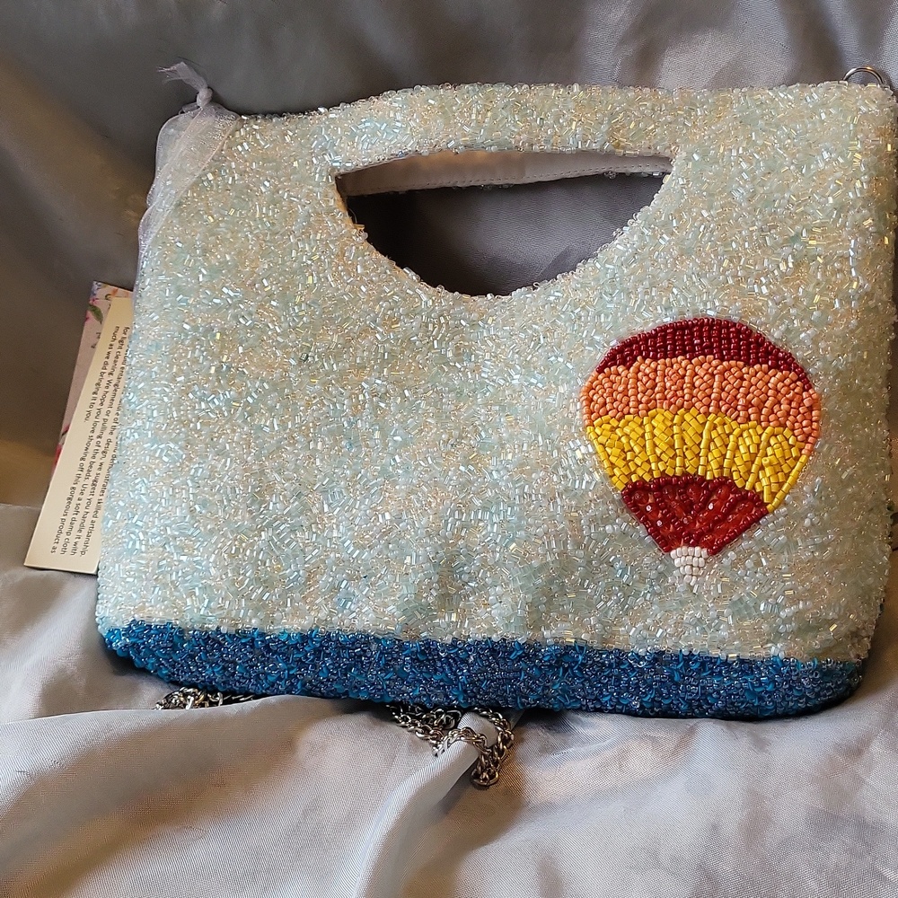 Handcrafted In India Beaded Hot Air Balloon Clutch - Ice Blue and Multicolor EL - Picture 4 of 5